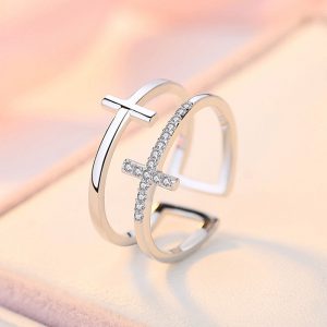 Elegant Double Cross Miniature Copper Inlaid Zircon Ring for Stylish Accessories