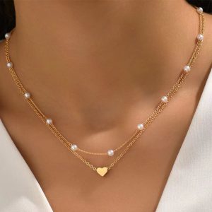 Special-Interest Double Layer Twin Pearl Heart Necklace – Unique Design