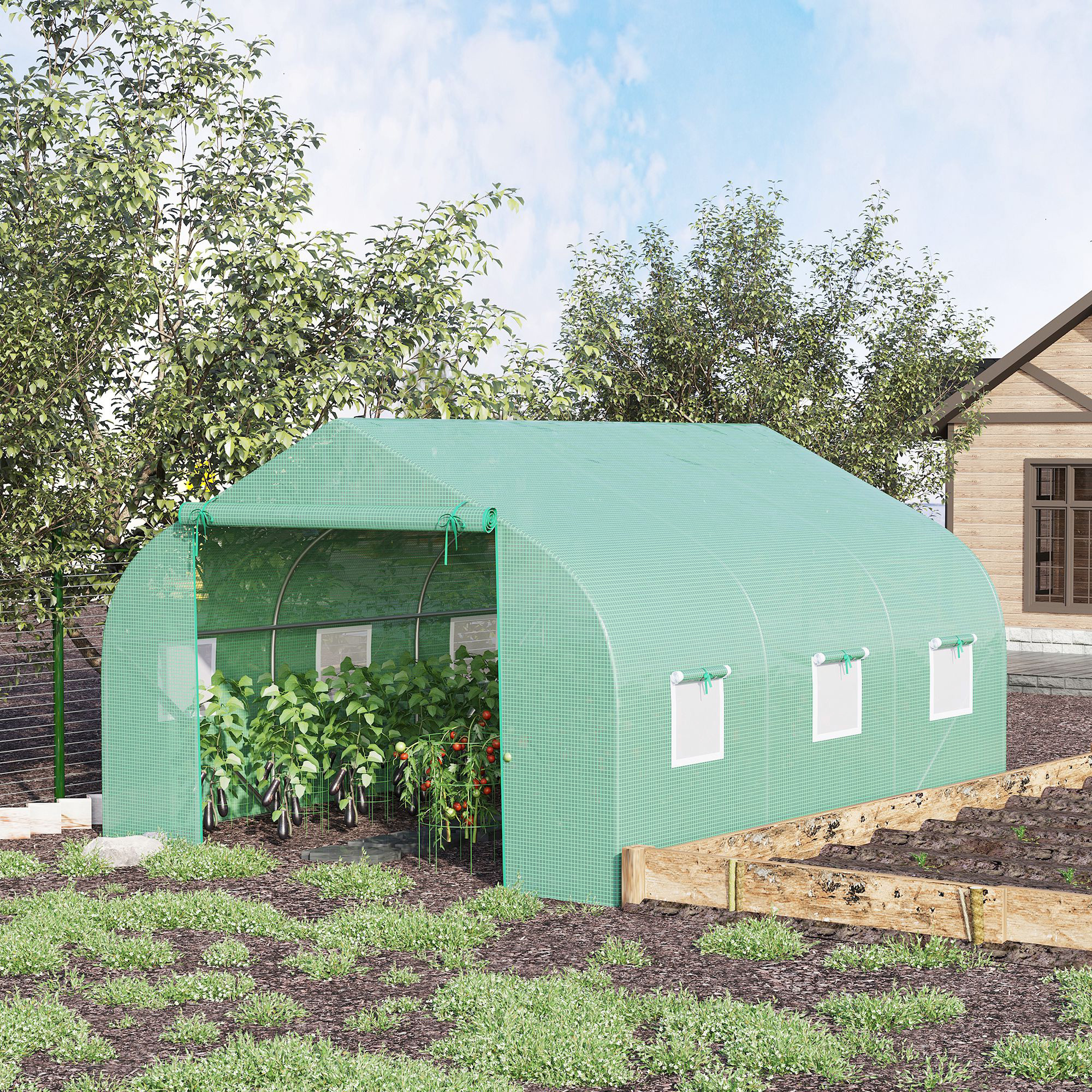 Outdoor Walk-In Tunnel Greenhouse 11.5 X 10 X 6.5 with Roll-Up Windows & Zippered Door - Durable PE Cover in Green