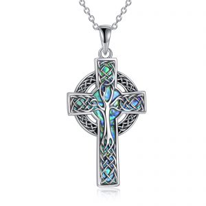 925 Sterling Silver Abalone Celtic Cross Pendant Necklace - Perfect Jewelry Gift