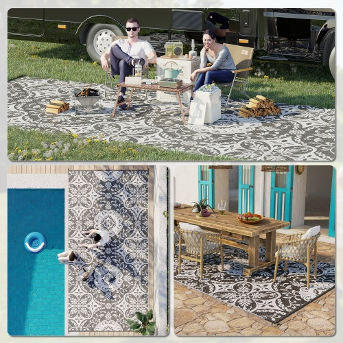 Outsunny 9 X 18 Reversible Outdoor Rug - Waterproof Plastic Straw Mat, Portable RV Camping Carpet with Carry Bag, Large Gray White Floral Floor Mat for Backyard, Deck, Picnic, and Beach