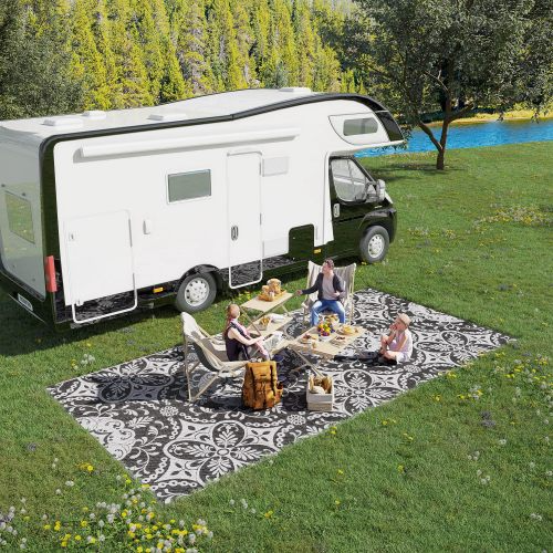 Outsunny 9 X 18 Reversible Outdoor Rug - Waterproof Plastic Straw Mat, Portable RV Camping Carpet with Carry Bag, Large Gray White Floral Floor Mat for Backyard, Deck, Picnic, and Beach - Image 7