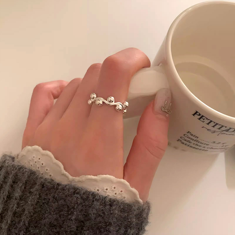 Sterling Silver Wave Ring with Round Beads for Women - Elegant Design