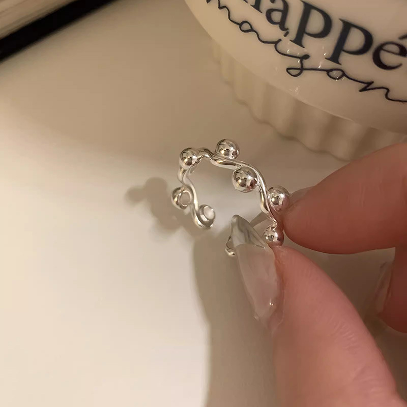 Sterling Silver Wave Ring with Round Beads for Women - Elegant Design - Image 2