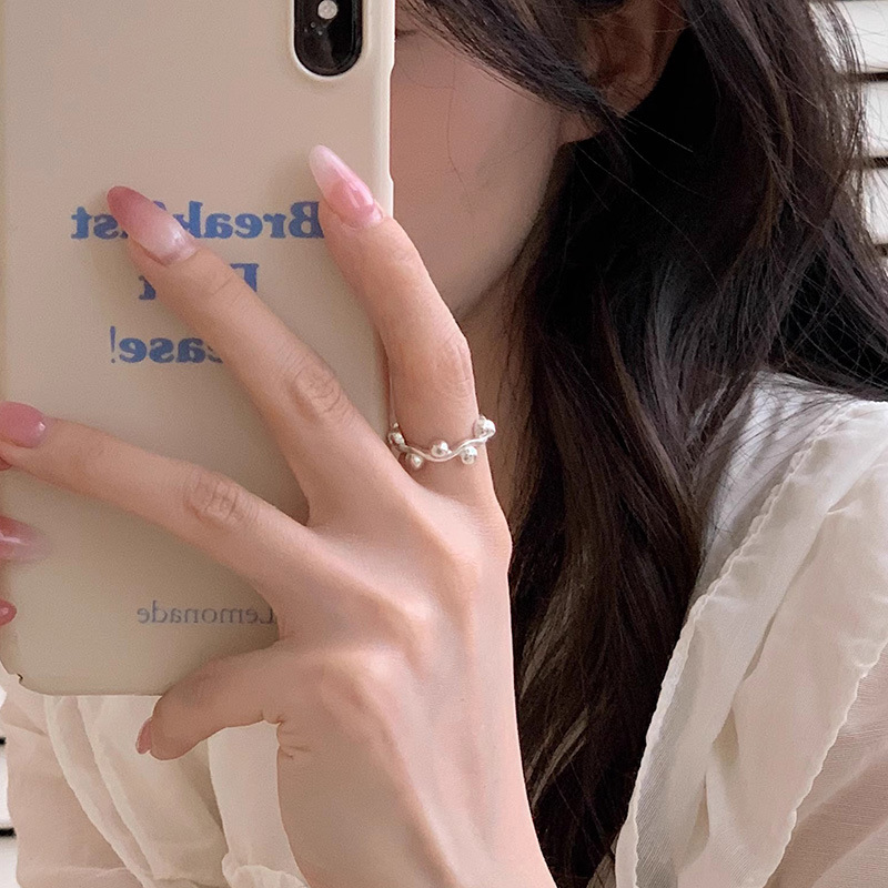 Sterling Silver Wave Ring with Round Beads for Women - Elegant Design - Image 3