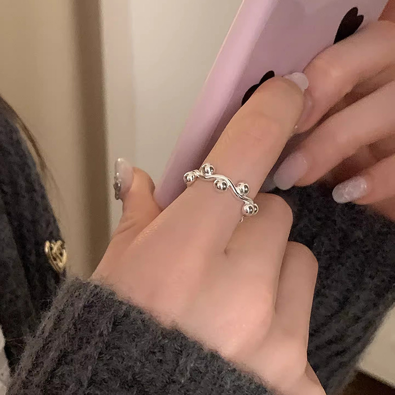 Sterling Silver Wave Ring with Round Beads for Women - Elegant Design - Image 4