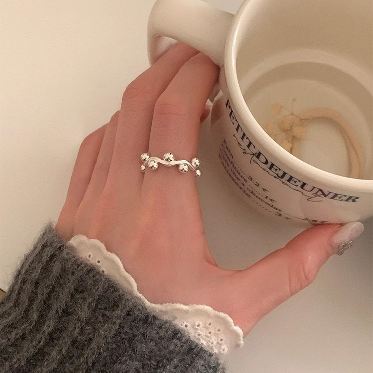Sterling Silver Wave Ring with Round Beads for Women - Elegant Design - Image 6