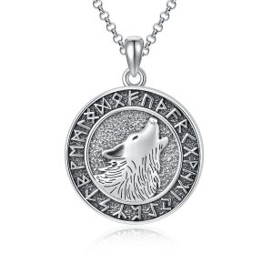 Viking Wolf Pendant Necklace - Viking Jewelry with Runes Coin Design for Men & Women