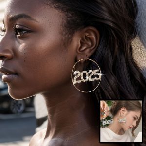 1 Pair of 2025 Fashion Ring Earrings – Full Rhinestone Digital Design in Copper for New Year Party Jewelry Accessories