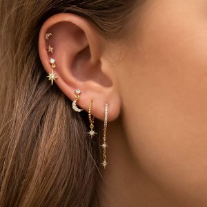 18k Star and Moon Asymmetric Earrings Set - 6 Stunning Pieces