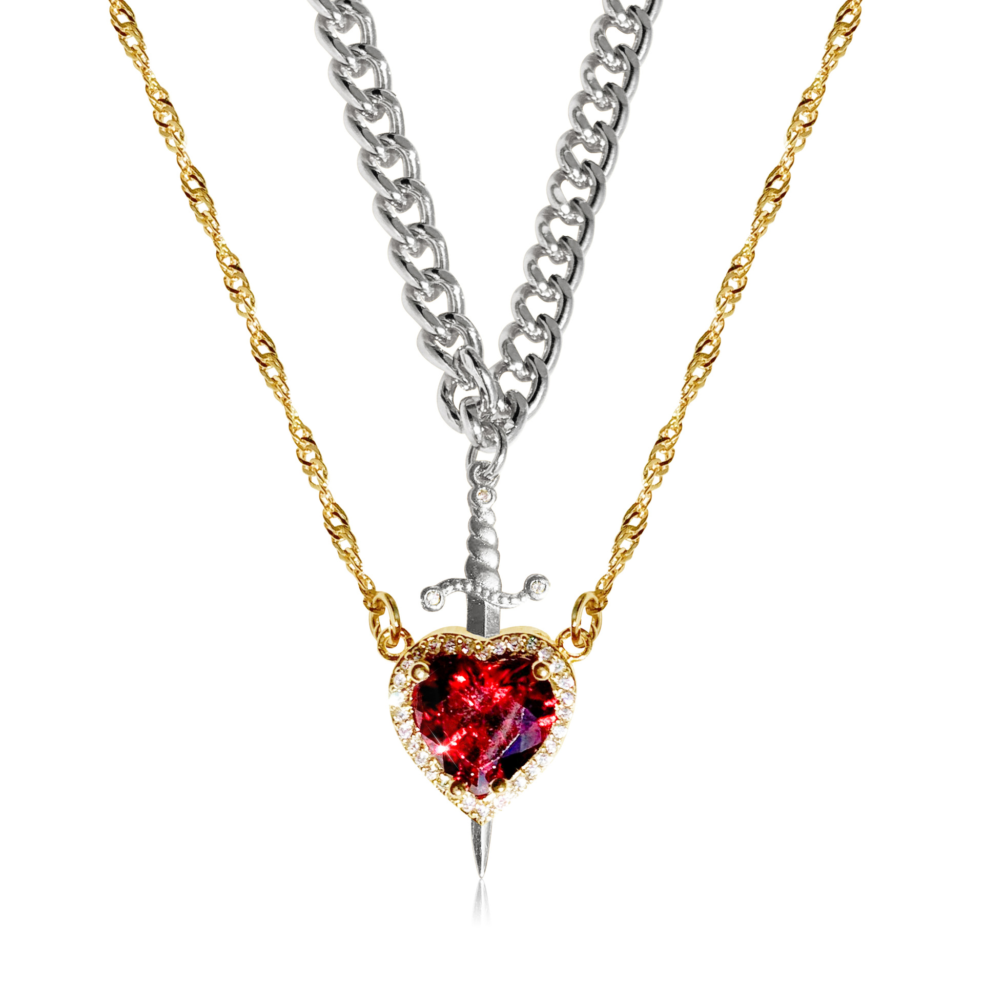 Gothic Punk One Arrow Through The Heart Creative Two-Tone Couple Necklace with Red Rhinestone Heart & Dagger - Perfect Gift for Friends & Fashion Lovers - Image 4