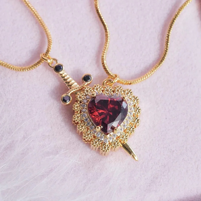 Gothic Punk One Arrow Through The Heart Creative Two-Tone Couple Necklace with Red Rhinestone Heart & Dagger - Perfect Gift for Friends & Fashion Lovers - Image 10