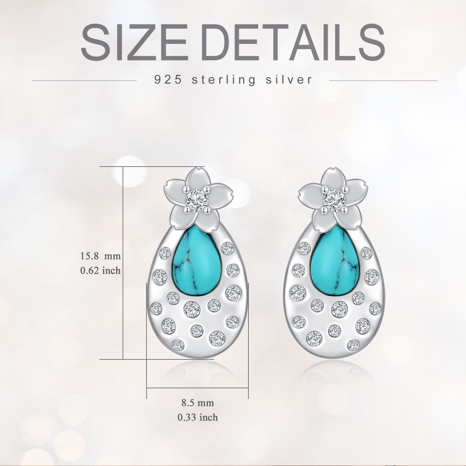 Turquoise Cherry Blossom 925 Sterling Silver Stud Earrings - Elegant & Stylish - Image 3