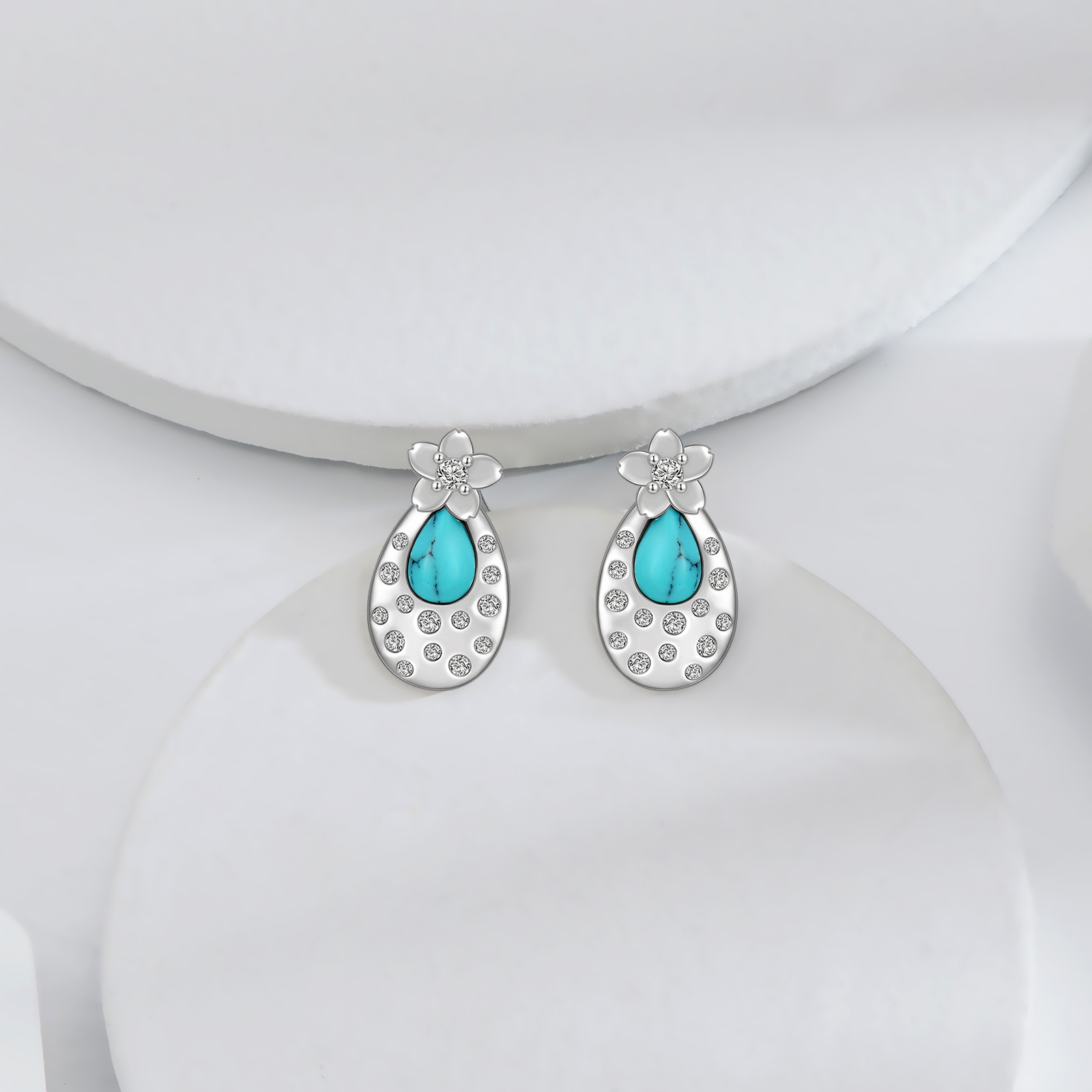 Turquoise Cherry Blossom 925 Sterling Silver Stud Earrings - Elegant & Stylish - Image 5