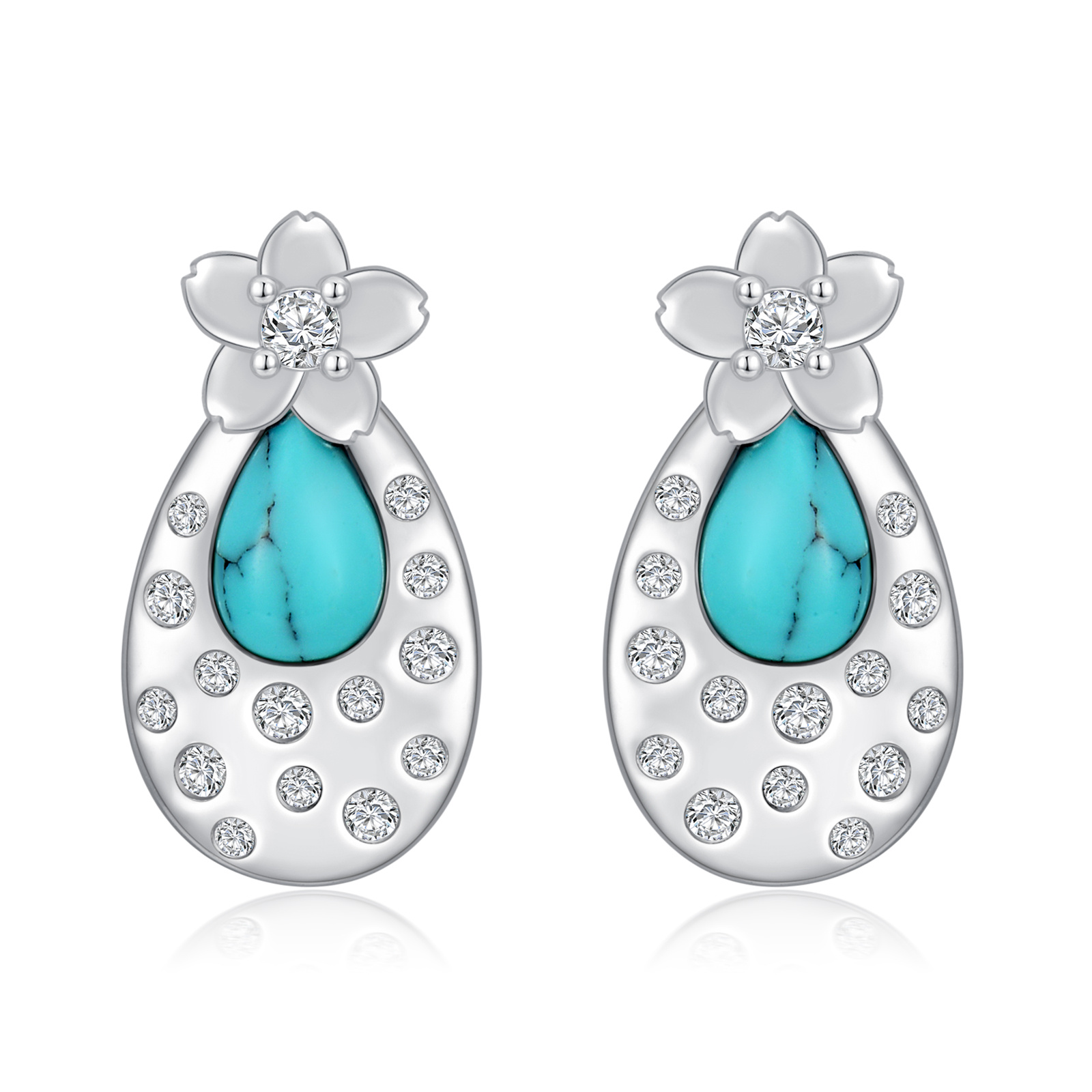 Turquoise Cherry Blossom 925 Sterling Silver Stud Earrings - Elegant & Stylish - Image 7