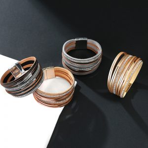 Genuine Leather Multi-layer Slim Bracelet with Stick-on Crystals & Copper Tube