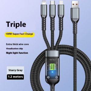 Three-in-One Fast Charge Mobile Phone Data Cable with Digital Display and Light - One-to-Three Car Charging Solution