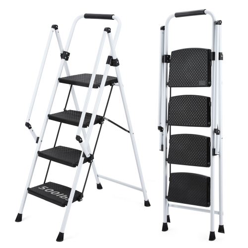 White Four-Step Ladder - Lightweight Folding Stool with Wide Anti-Skid Pedals, Safety Handle & Durable Steel Frame for Home, Kitchen & Office Use