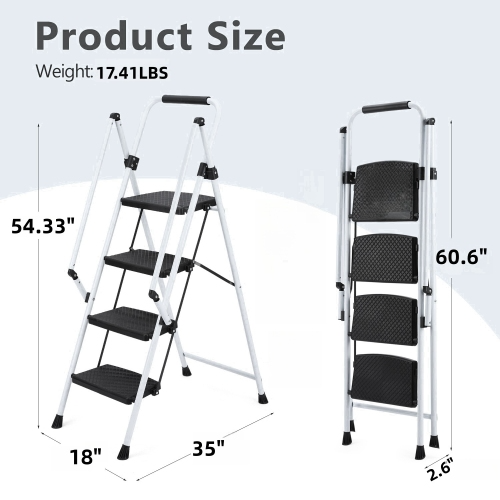 White Four-Step Ladder - Lightweight Folding Stool with Wide Anti-Skid Pedals, Safety Handle & Durable Steel Frame for Home, Kitchen & Office Use - Image 3