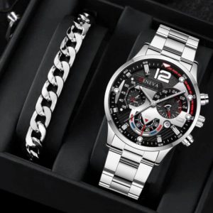 2pcs Men's Trendy Steel Strip Business Three Eye Quartz Watch Bracelet Set - Perfect Valentine's Day Gifts