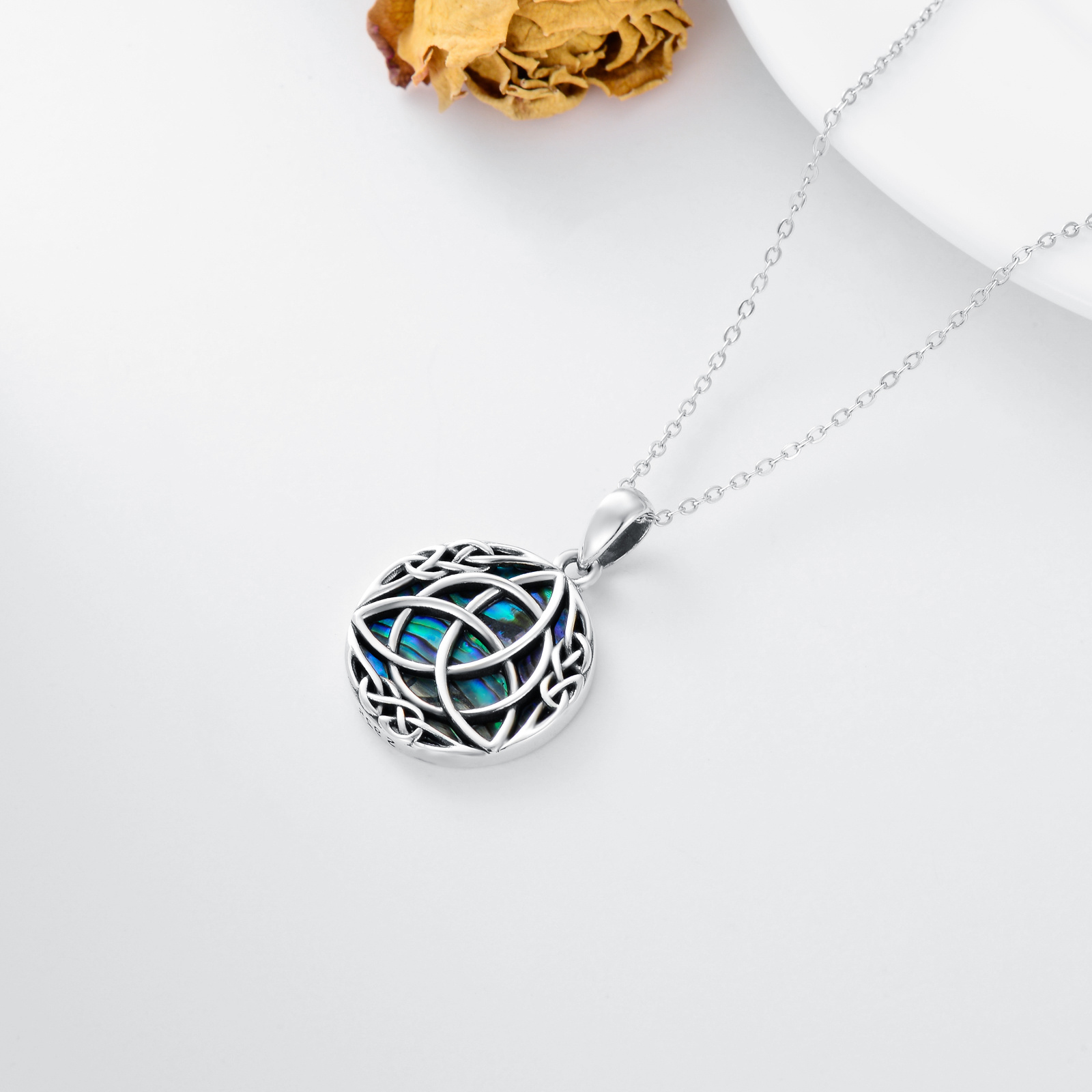 Vintage Sterling Silver Trinity Celtic Knot Necklace with Simulated Abalone Shell - Lucky Charm - Image 3
