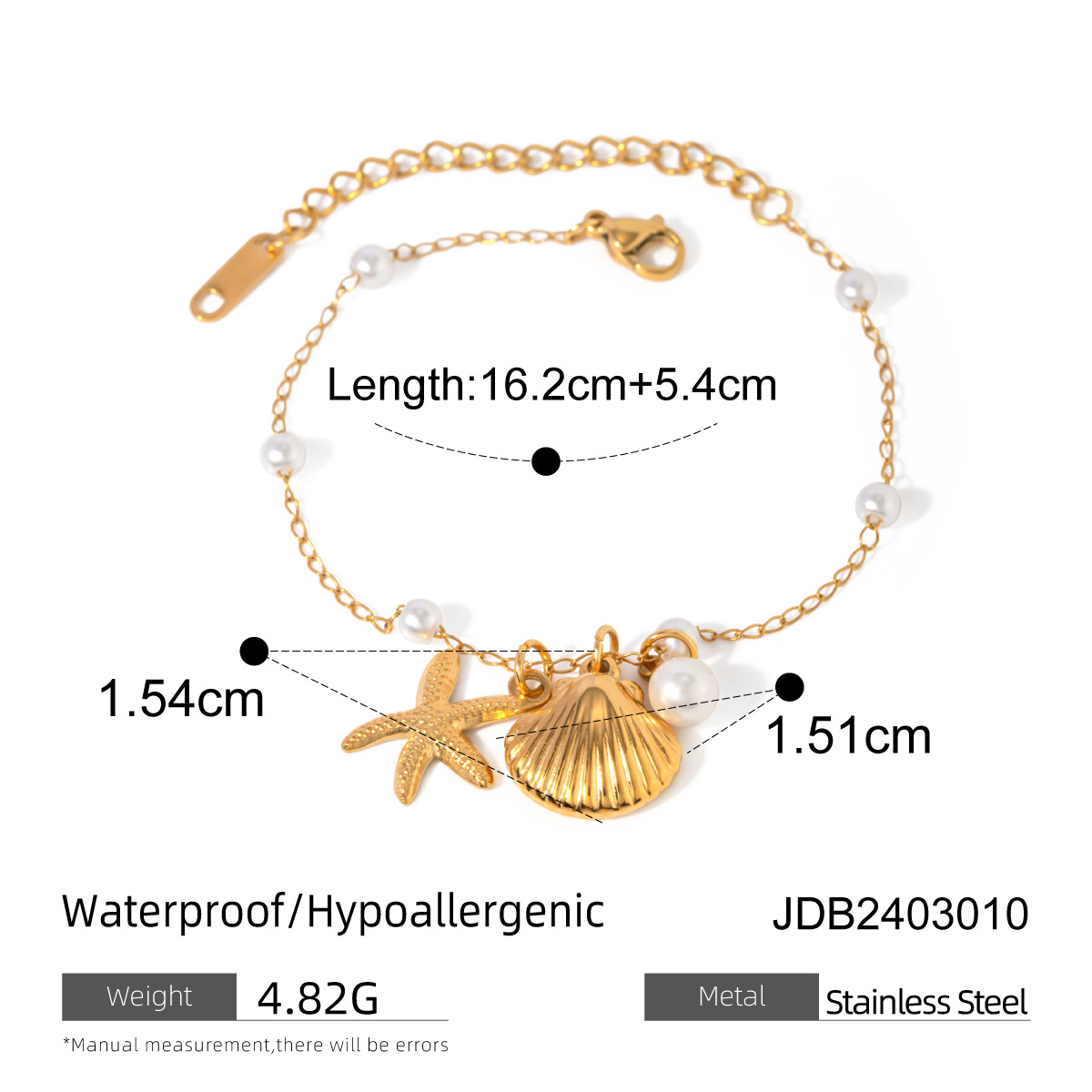 Elegant 18K Gold Stainless Steel Pearl Chain Bracelet with Shell Starfish Pendant - Perfect Fashion Jewelry for Summer Holidays - Image 6