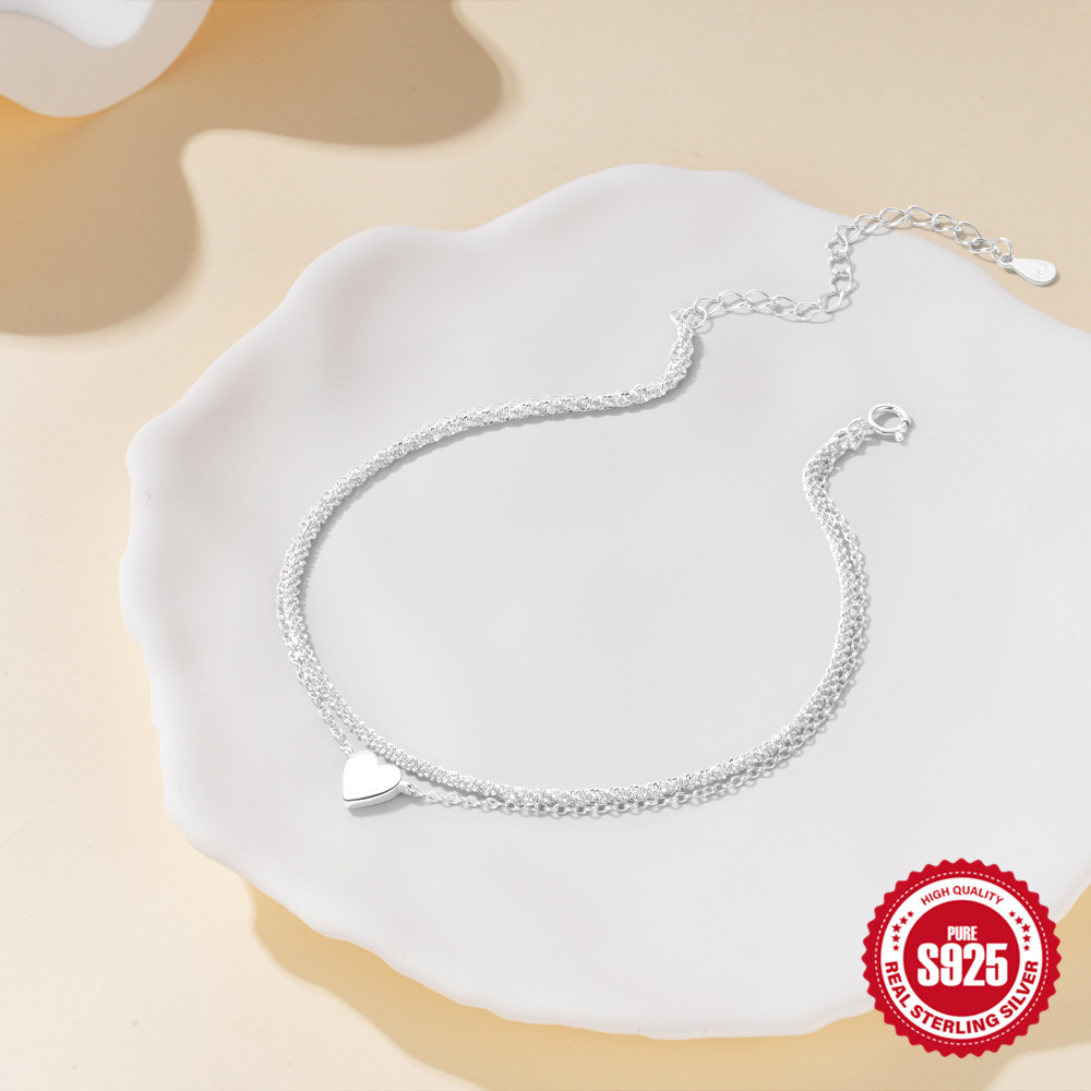 S925 Sterling Silver Double-Layer Heart-Shaped Love Ankle Chain for Versatile Style - Image 3