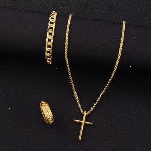 Men's Cross Necklace, Ring & Bracelet Set - Stylish Accessory Trio