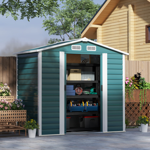 Outsunny 7 X 4ft Garden Shed - Easy Assembly, Upgraded Galvanised Steel Frame, Foundation Kit, Secure Double Doors, Vented Outdoor Metal Storage Shed with Gloves, Green - Image 4