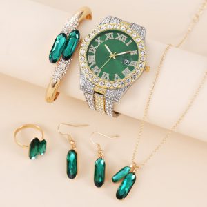 Green Steel Belt Quartz Watch with Matching Ring, Necklace, and Earrings Set