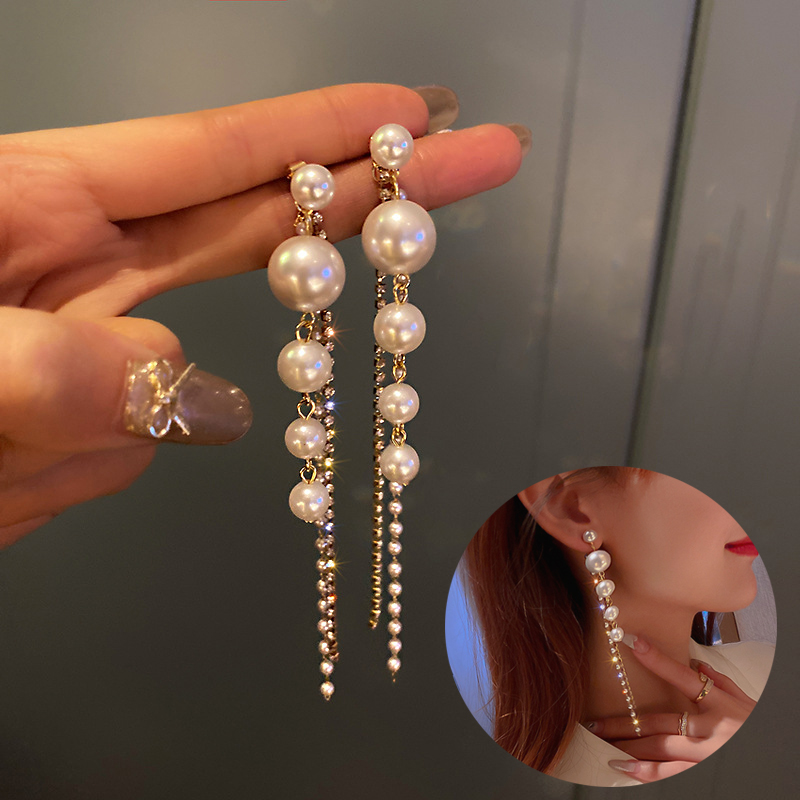 Fashion Luxury Temperament Pearl Tassel Long Earrings with 925 Silver Needle - Personalized Women's Earrings