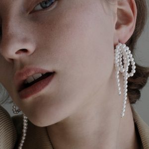 Chic Silver Woven Earrings with Elegant Bowknot and Pearl Accents