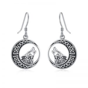 Sterling Silver Wolf Celtic Moon Dangle Drop Earrings - Elegant Design