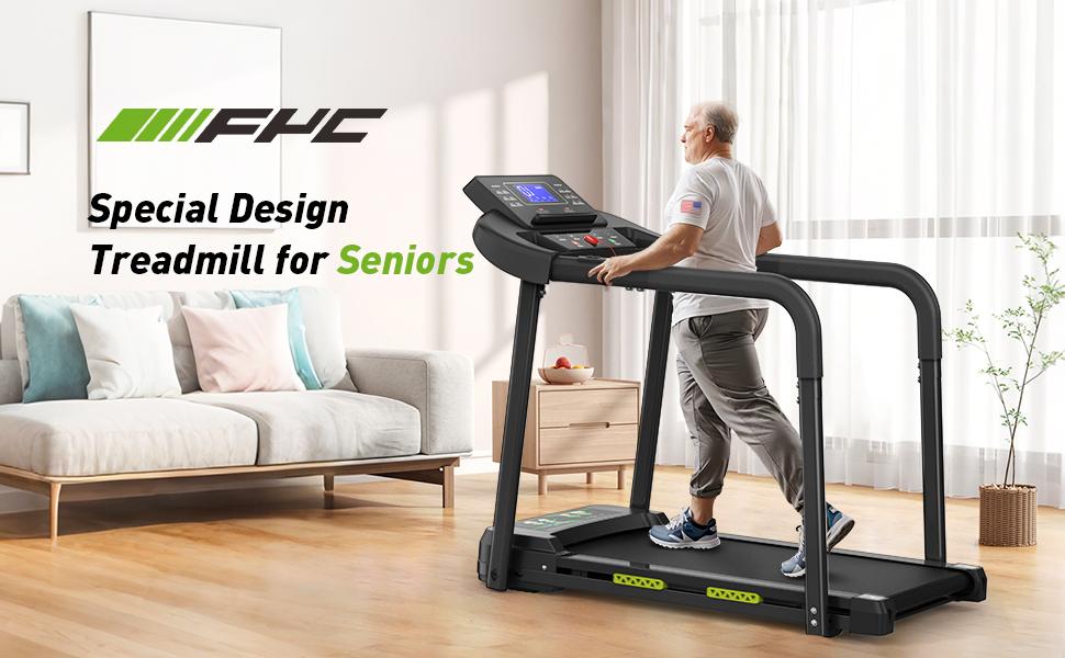Elderly Rehabilitation Treadmill with Shock Absorption, Extended Handrails, and Enlarged Running Platform - Supports 300 lbs, Safety Key, Easy-to-Move Wheels