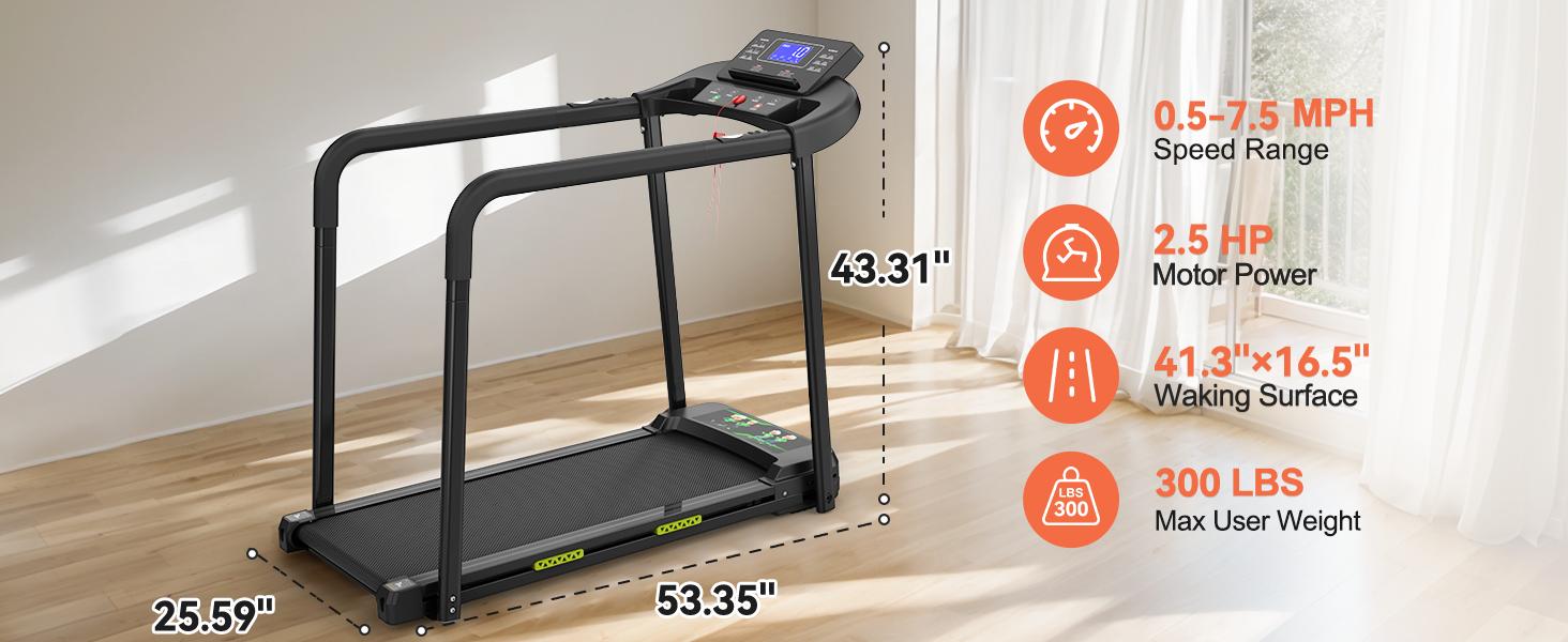 Elderly Rehabilitation Treadmill with Shock Absorption, Extended Handrails, and Enlarged Running Platform - Supports 300 lbs, Safety Key, Easy-to-Move Wheels - Image 5