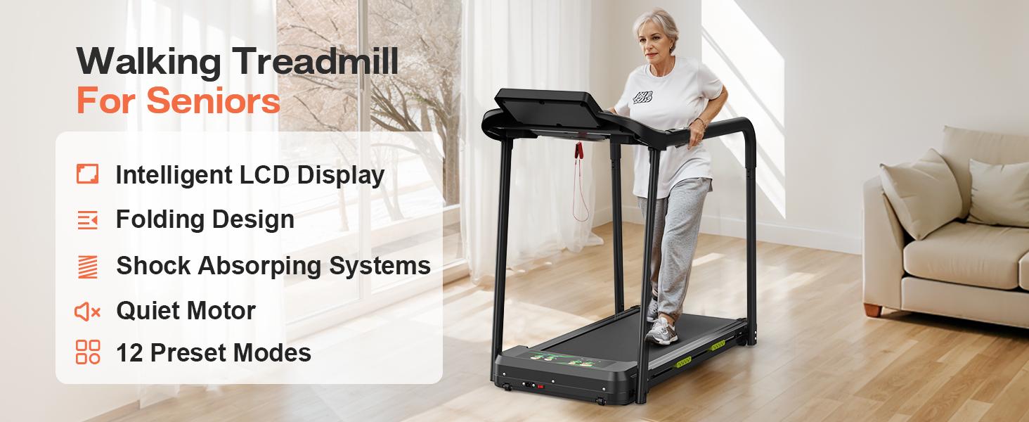 Elderly Rehabilitation Treadmill with Shock Absorption, Extended Handrails, and Enlarged Running Platform - Supports 300 lbs, Safety Key, Easy-to-Move Wheels - Image 8