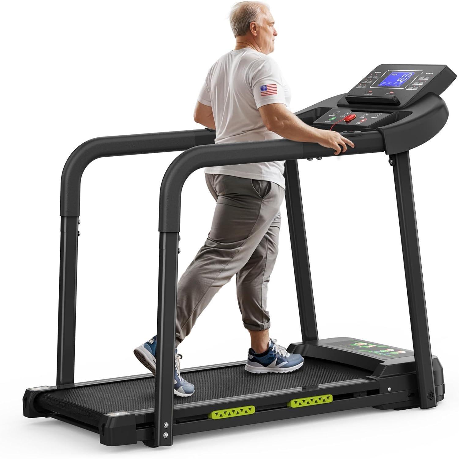 Elderly Rehabilitation Treadmill with Shock Absorption, Extended Handrails, and Enlarged Running Platform - Supports 300 lbs, Safety Key, Easy-to-Move Wheels - Image 11