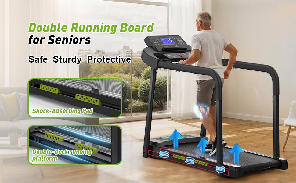 Elderly Rehabilitation Treadmill with Shock Absorption, Extended Handrails, and Enlarged Running Platform - Supports 300 lbs, Safety Key, Easy-to-Move Wheels - Image 12