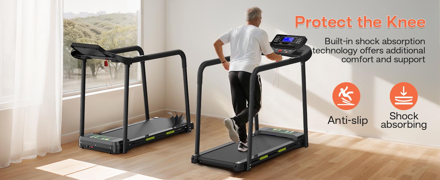 Elderly Rehabilitation Treadmill with Shock Absorption, Extended Handrails, and Enlarged Running Platform - Supports 300 lbs, Safety Key, Easy-to-Move Wheels - Image 15