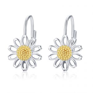 Elegant Daisy Leverback Hoop Earrings in White Gold Plated Sterling Silver