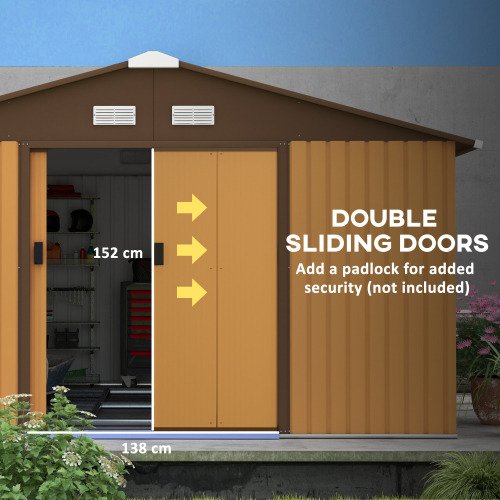 Outsunny 13 x 11 ft Metal Garden Shed - Secure Outdoor Tool Storage with Ventilation, Foundation Kit & Lockable Double Doors in Light Brown - Image 4