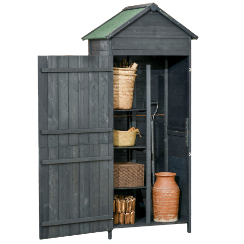 Outsunny 4-Tier Wooden Garden Shed - Outdoor Utility Cabinet with 3 Shelves, Lockable 2 Doors in Grey - Image 8