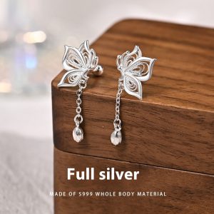 Stylish Women's S999 Silver Butterfly Earrings with Sweet Tassel Design