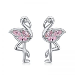 Stunning Pink Flamingo CZ Stud Earrings in White Gold Plated Sterling Silver