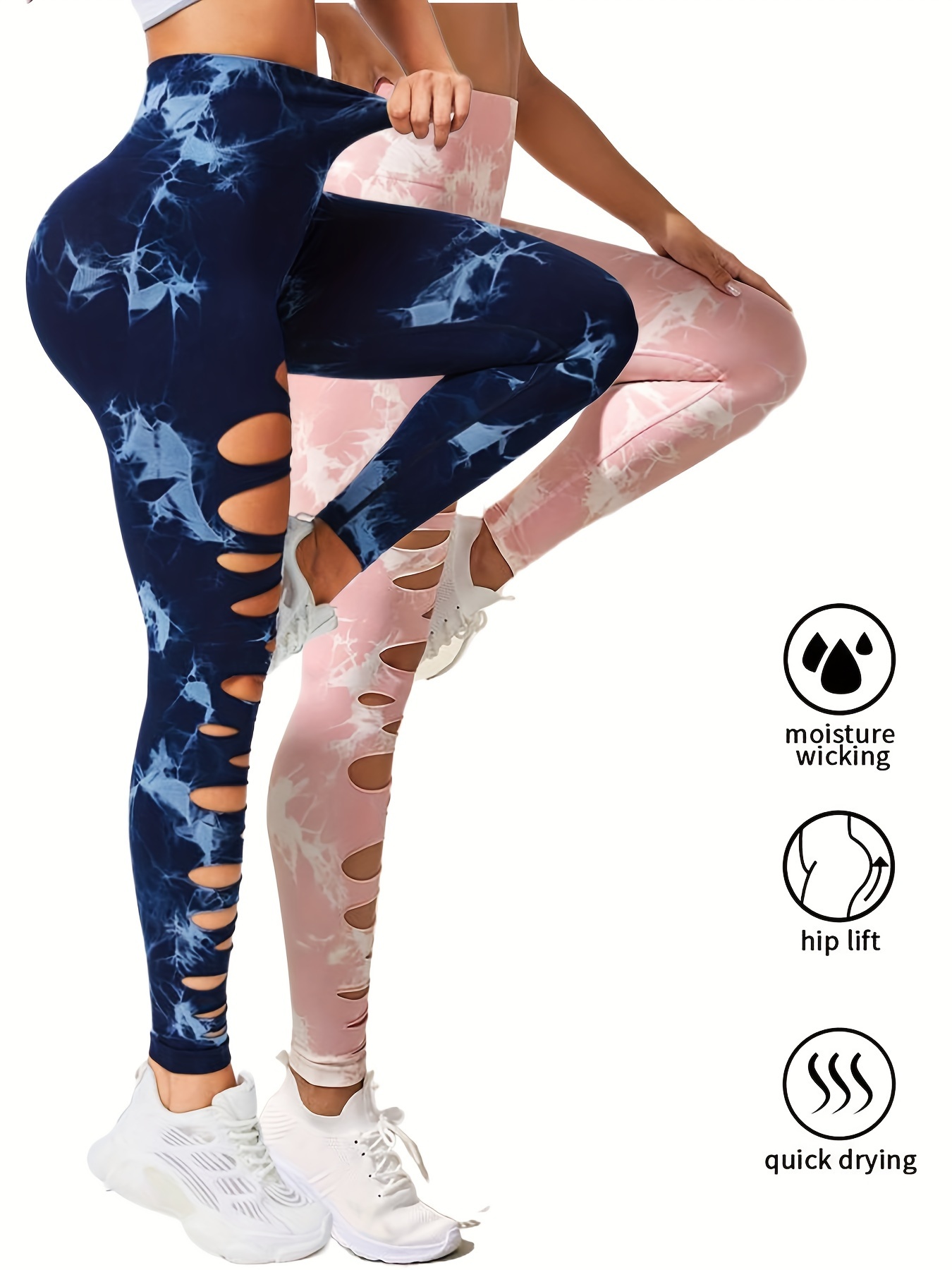 2 Pack High Waisted Tie Dye Cutout Leggings for Women - Sexy Hollow Design, Elastic Scrunch Butt Lifting, Tummy Control Yoga Pants for Workout and Athletic Wear