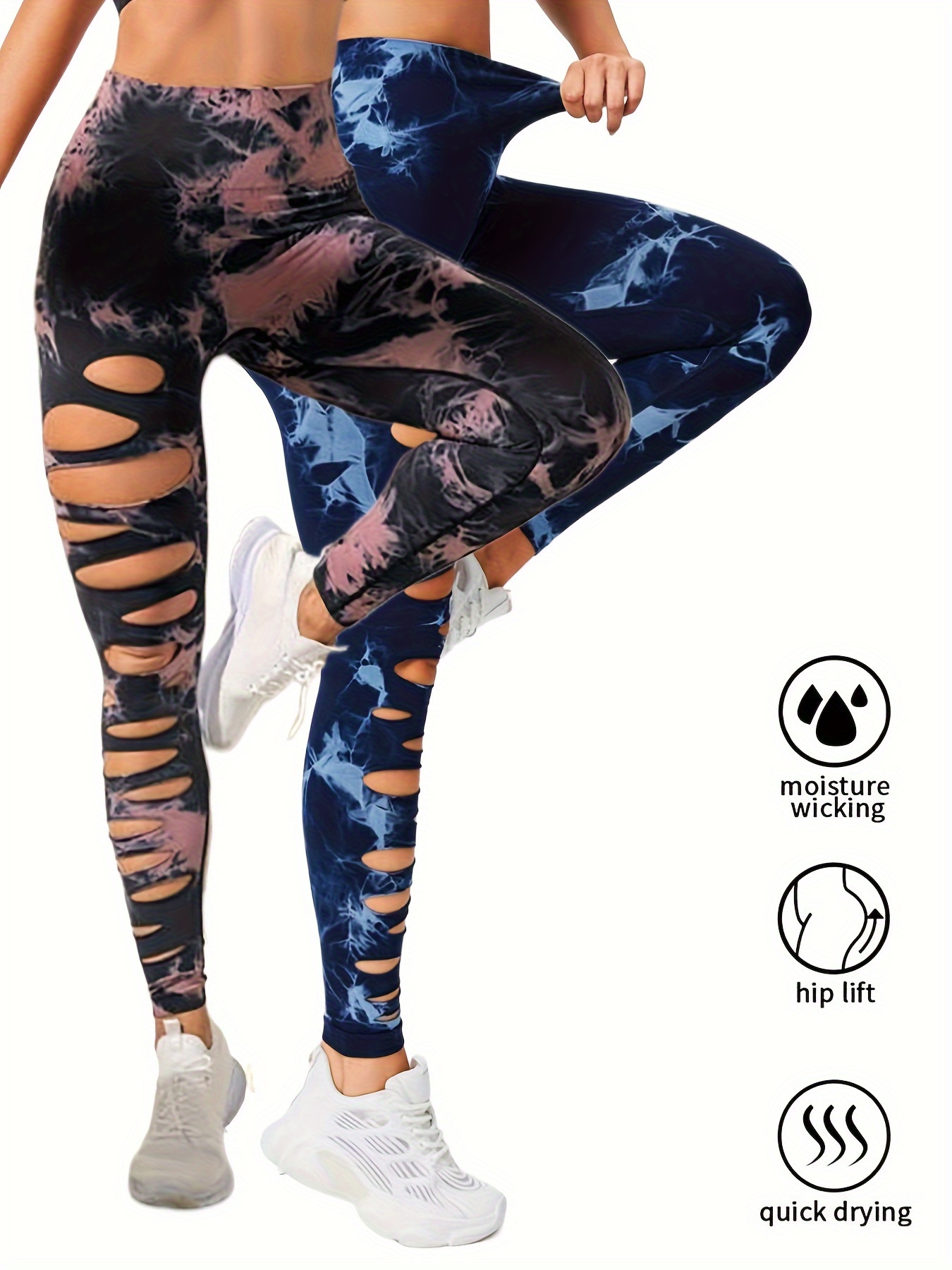 2 Pack High Waisted Tie Dye Cutout Leggings for Women - Sexy Hollow Design, Elastic Scrunch Butt Lifting, Tummy Control Yoga Pants for Workout and Athletic Wear - Image 2