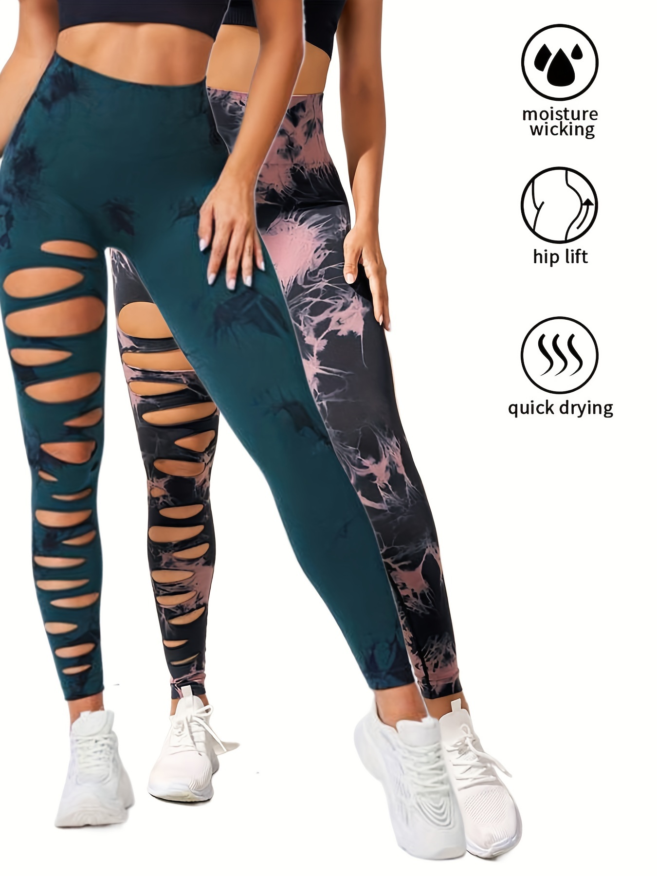 2 Pack High Waisted Tie Dye Cutout Leggings for Women - Sexy Hollow Design, Elastic Scrunch Butt Lifting, Tummy Control Yoga Pants for Workout and Athletic Wear - Image 3