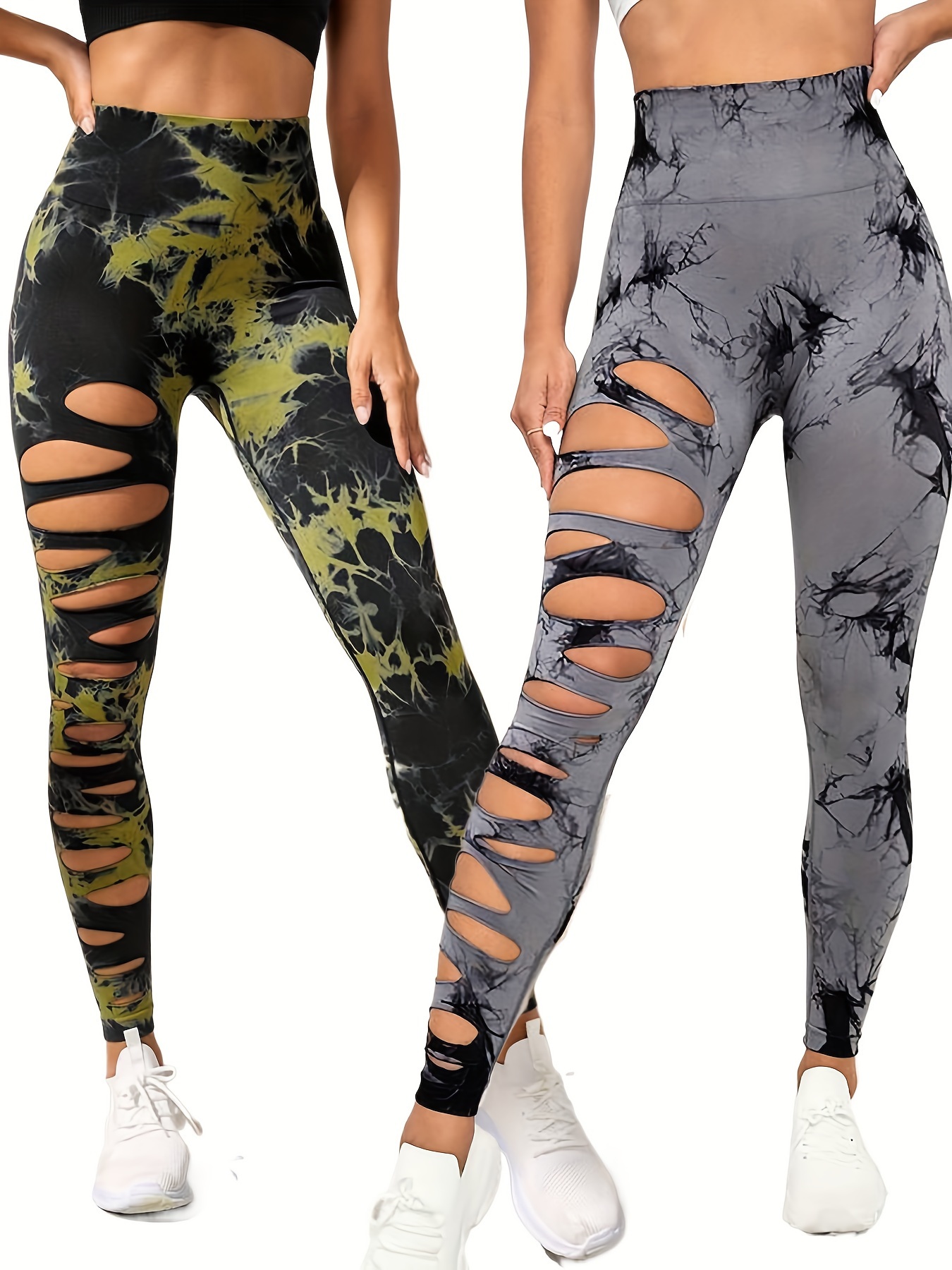 2 Pack High Waisted Tie Dye Cutout Leggings for Women - Sexy Hollow Design, Elastic Scrunch Butt Lifting, Tummy Control Yoga Pants for Workout and Athletic Wear - Image 6