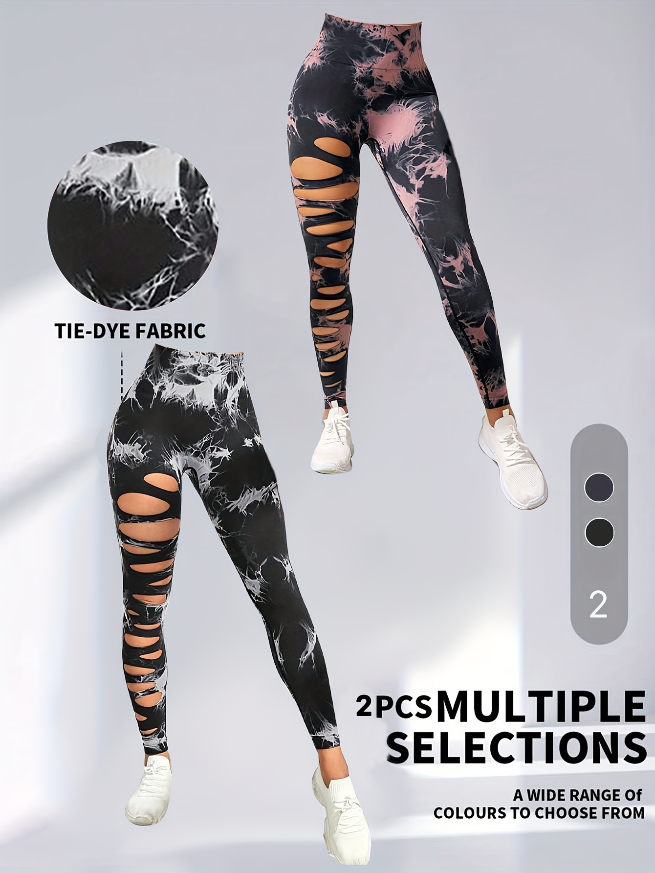 2 Pack High Waisted Tie Dye Cutout Leggings for Women - Sexy Hollow Design, Elastic Scrunch Butt Lifting, Tummy Control Yoga Pants for Workout and Athletic Wear - Image 11