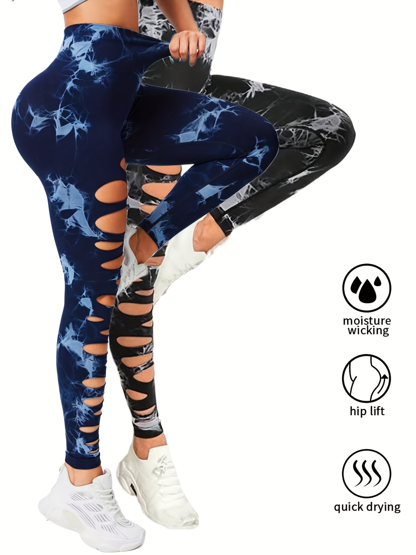 2 Pack High Waisted Tie Dye Cutout Leggings for Women - Sexy Hollow Design, Elastic Scrunch Butt Lifting, Tummy Control Yoga Pants for Workout and Athletic Wear - Image 49